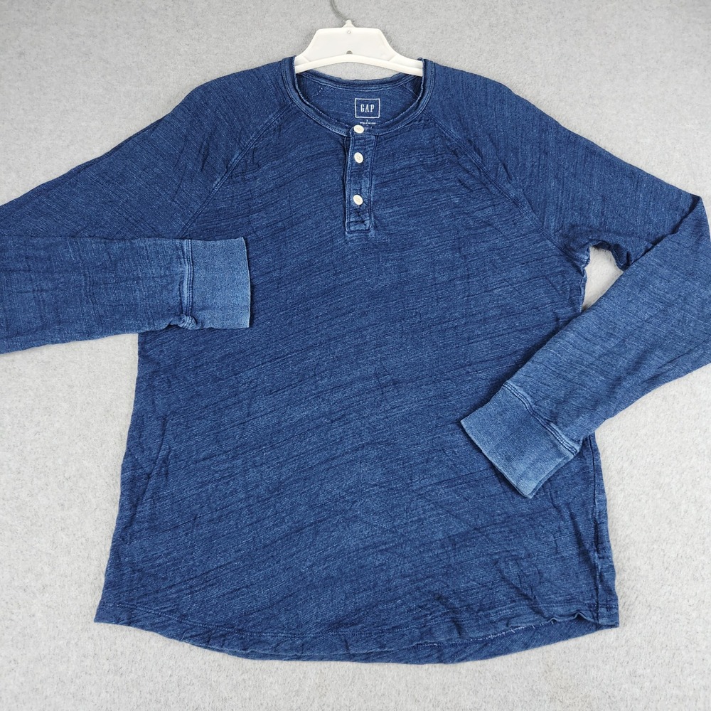 GAP Long Sleeve Henley Shirt Mens Large Heather Blue Cotton Curved Hem Casual
